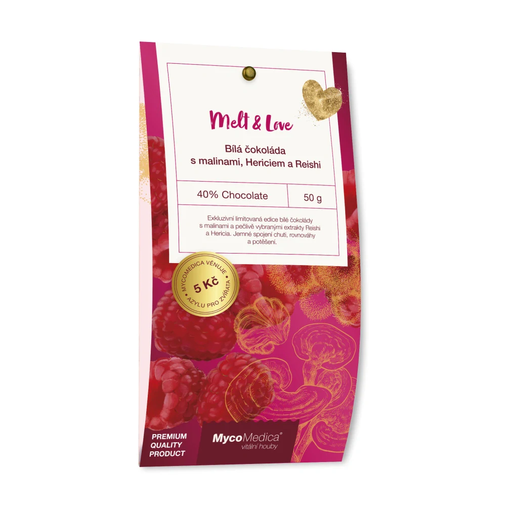 Bílá čokoláda s malinami, Hericiem a Reishi